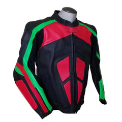 Side profile of the tri-color armored jacket showing the ergonomic curved sleeves and green accordion stretch panels.