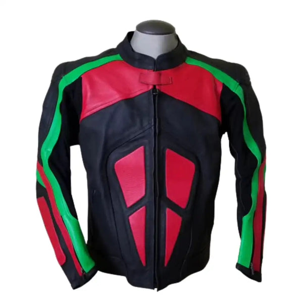 Red, Green & Black Armored Leather Motorcycle Jacket
