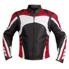 Front view of a red, white, and black armored leather motorcycle jacket featuring a racing logo, integrated shoulder sliders, and a heavy-duty central zipper.