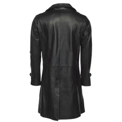 Back view of the Reiner black long leather coat, highlighting the clean finish and center back vent for ease of movement.