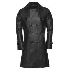 Full button Closed Front view of the Reiner black buttoned up long leather coat, featuring a concealed placket and sharp tailored collar.