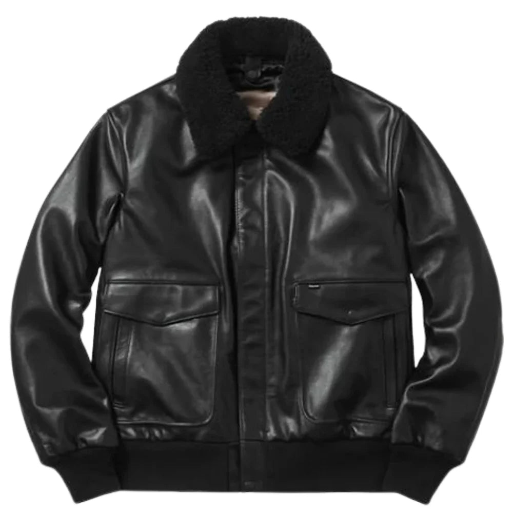 High-quality studio shot of a black A2 Bomber Aviator leather jacket featuring rib-knitted cuffs and a heavy-duty front zipper.