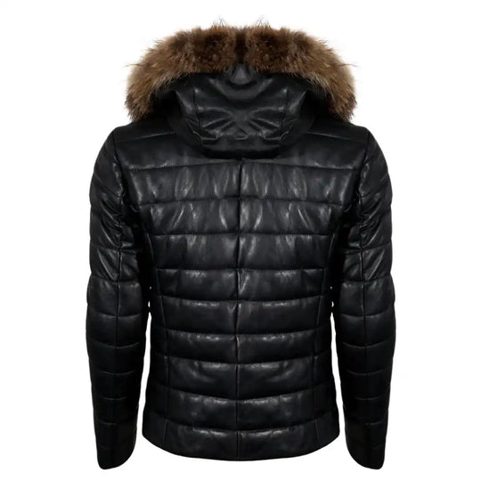Back view of the Richie leather puffer showing the deep, insulated baffles and the full leather hood for a heavy-duty winter profile.