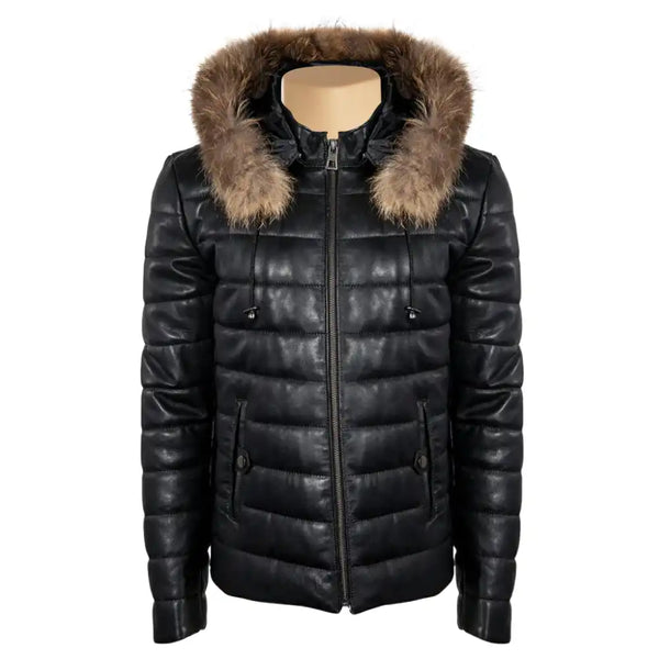Richie Hooded Winter Leather Puffer Jacket