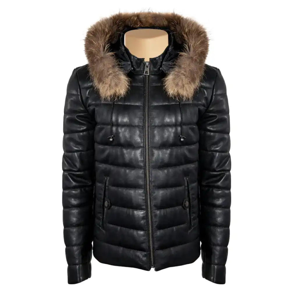Full-length front view of the Richie hooded winter leather puffer jacket, featuring thick horizontal quilting and a high-zip funnel neck.