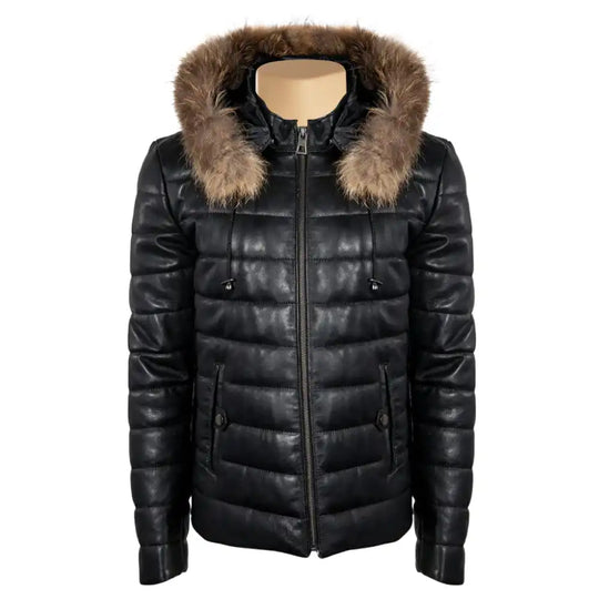 Full-length front view of the Richie hooded winter leather puffer jacket, featuring thick horizontal quilting and a high-zip funnel neck.