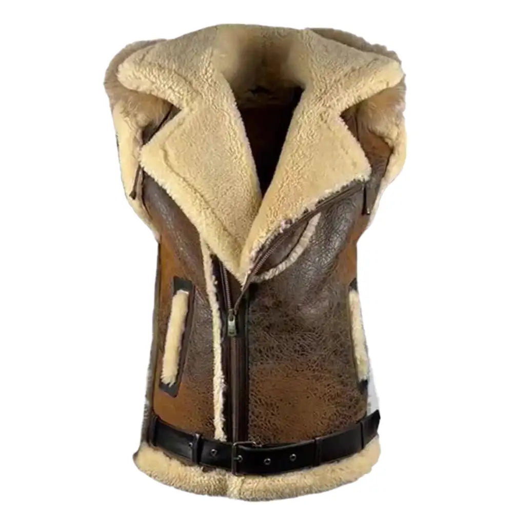 Front view of Ridgeway's Vintage Distressed Brown Shearling Vest with a shearling-lined hoodie. The vest is made of distressed brown leather with soft beige shearling, featuring a front zipper and large side pockets for added style.