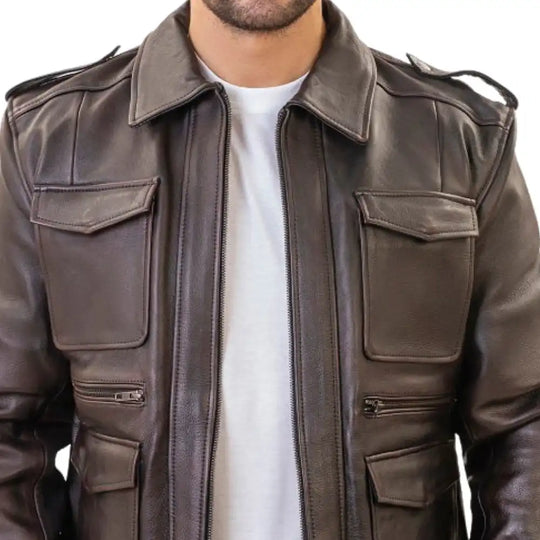 Front view of the River motorcycle jacket in distressed brown leather, featuring an aged patina, central zipper, and a classic four-pocket layout.