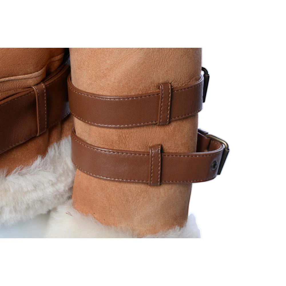 Close-up detail of the Shearling leather cuffs and shearling-trimmed hem on the Rocco cognac aviator bomber jacket.