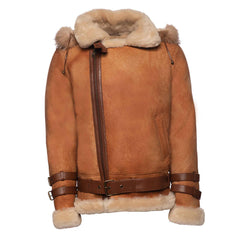 Front look of Rocco vintage cognac bomber jacket on ghost mannequin with full closed zipper.