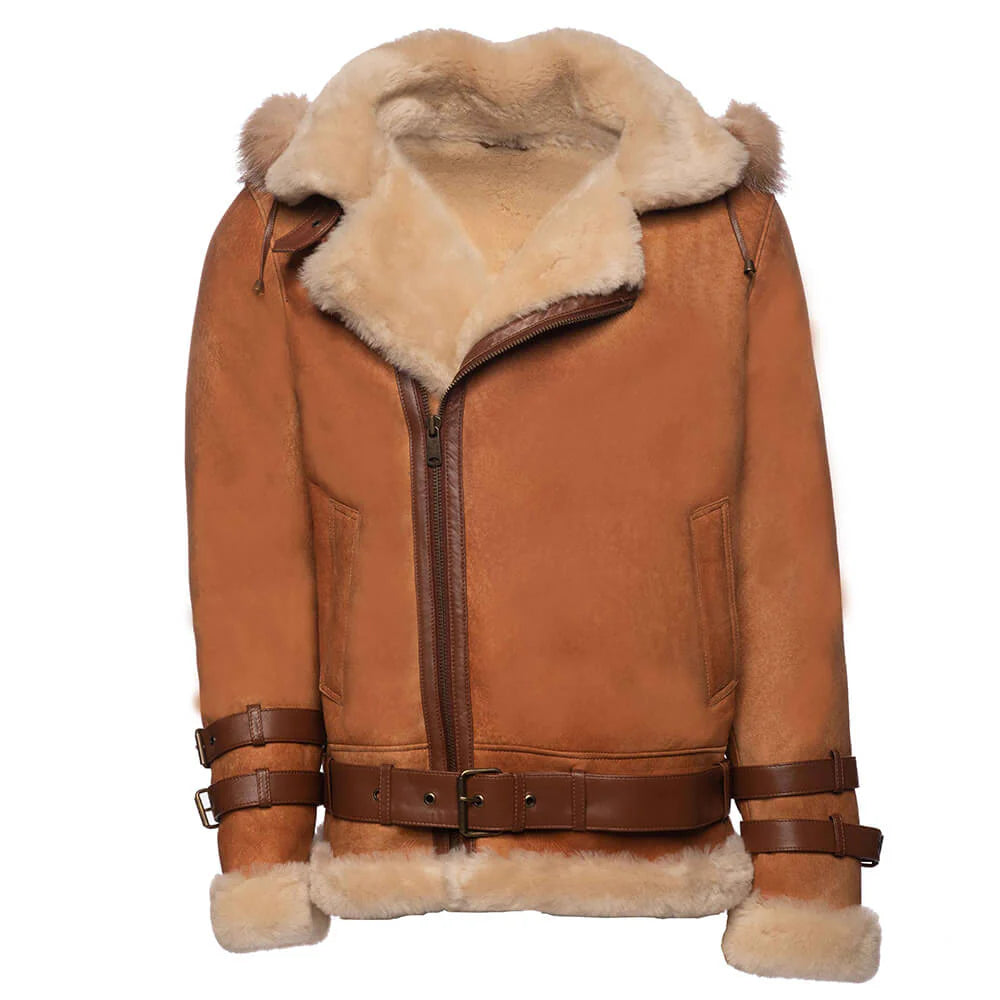 Front view of the Rocco vintage cognac aviator bomber jacket highlighting the heavy-duty zipper and fur hood.