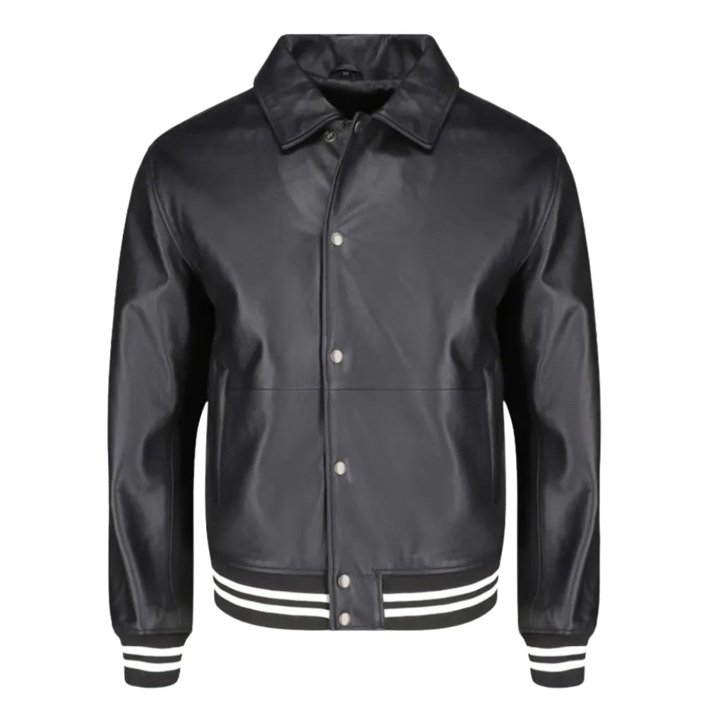 Ryder Black Varsity Style Leather Jacket front view black varsity leather jacket with classic design