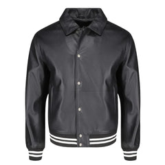 Ryder Black Varsity Style Leather Jacket front view black varsity leather jacket with classic design