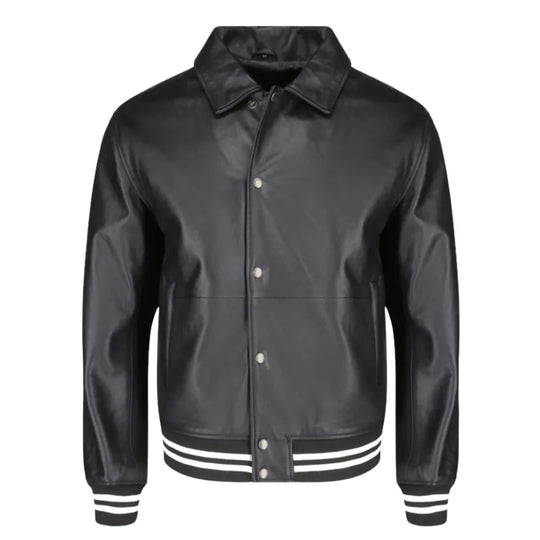 Ryder Black Varsity Style Leather Jacket front view black varsity leather jacket with classic design