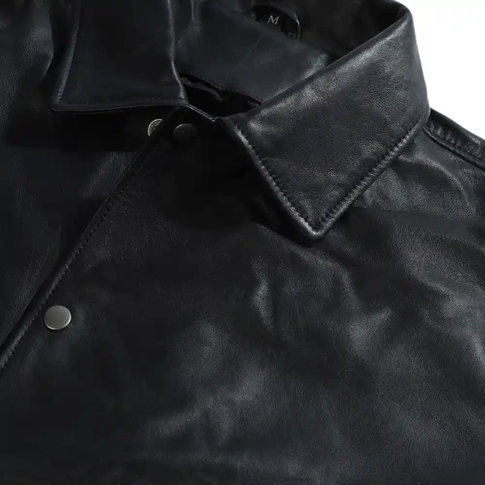 Ryder Black Varsity Style Leather Jacket close up leather texture on varsity jacket