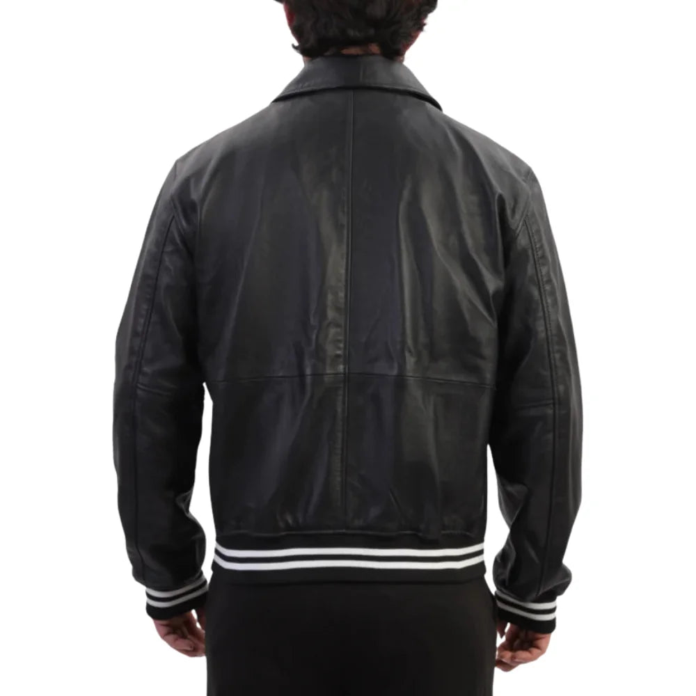 Back view model wearing Ryder Black Varsity Style Leather Jacket