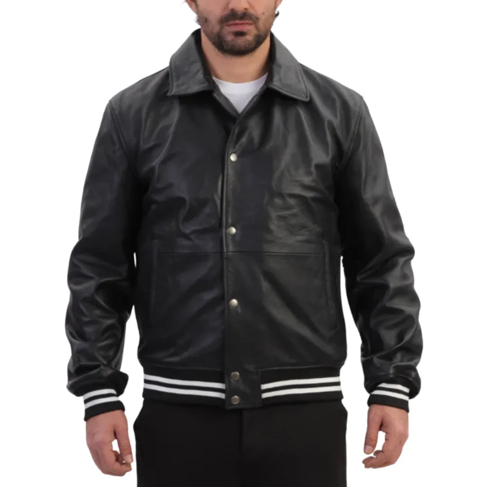 Model wearing Ryder Black Varsity Style Leather Jacket black varsity jacket outfit