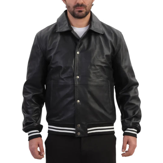 Model wearing Ryder Black Varsity Style Leather Jacket black varsity jacket outfit