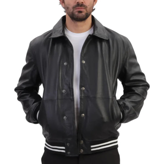 Model wearing Ryder Black Varsity Style Leather Jacket classic varsity leather jacket