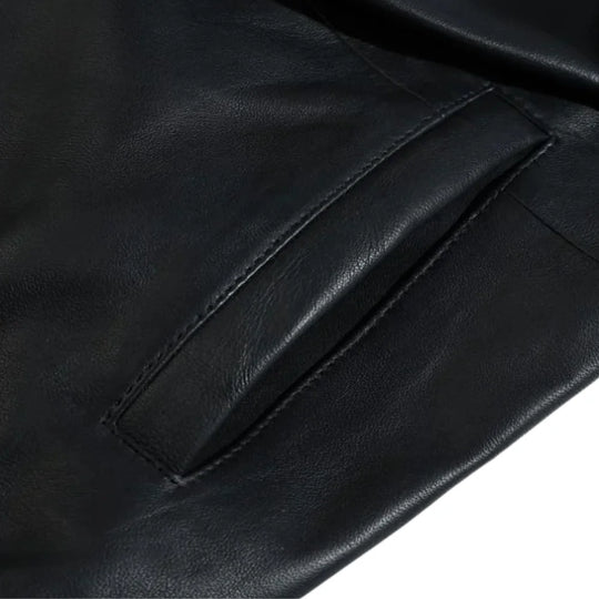 Ryder Black Varsity Style Leather Jacket pocket detail leather varsity jacket design