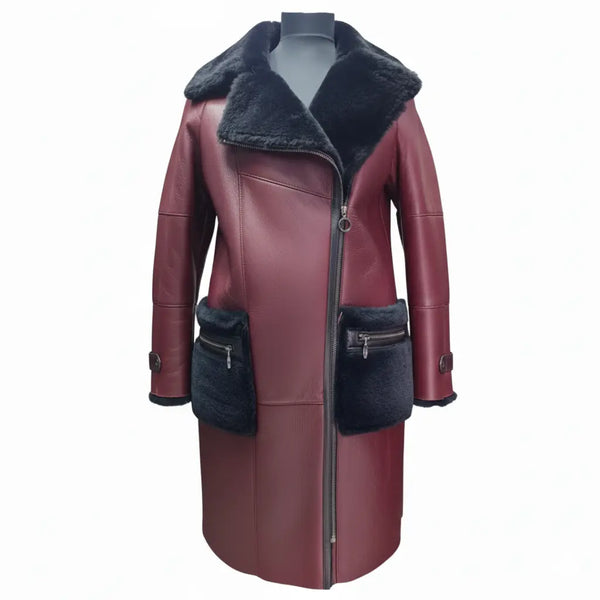 Samira's burgundy shearling trench coat