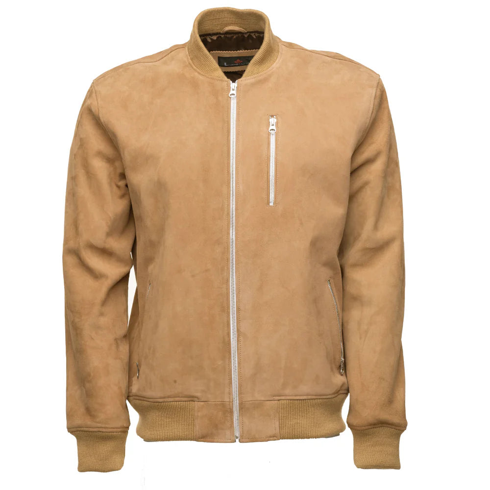Front view of Sandy Beige suede bomber jacket with a zipper on a white background