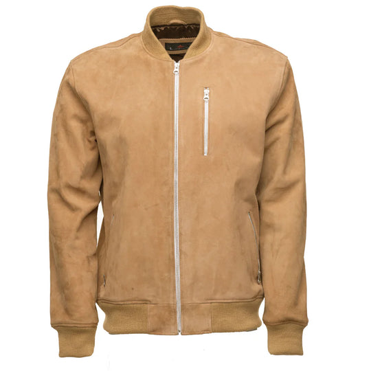 Front view of Sandy Beige suede bomber jacket with a zipper on a white background