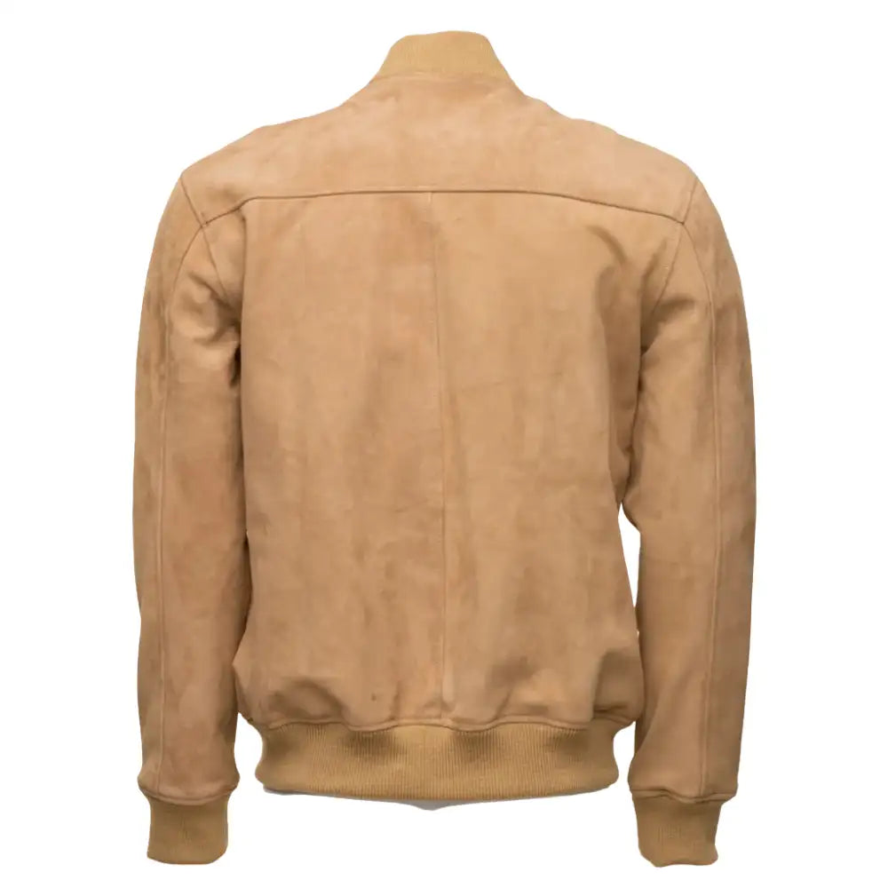 Sandy Beige Suede Bomber Leather Jacket with Ribbed Cuffs back view beige suede bomber jacket