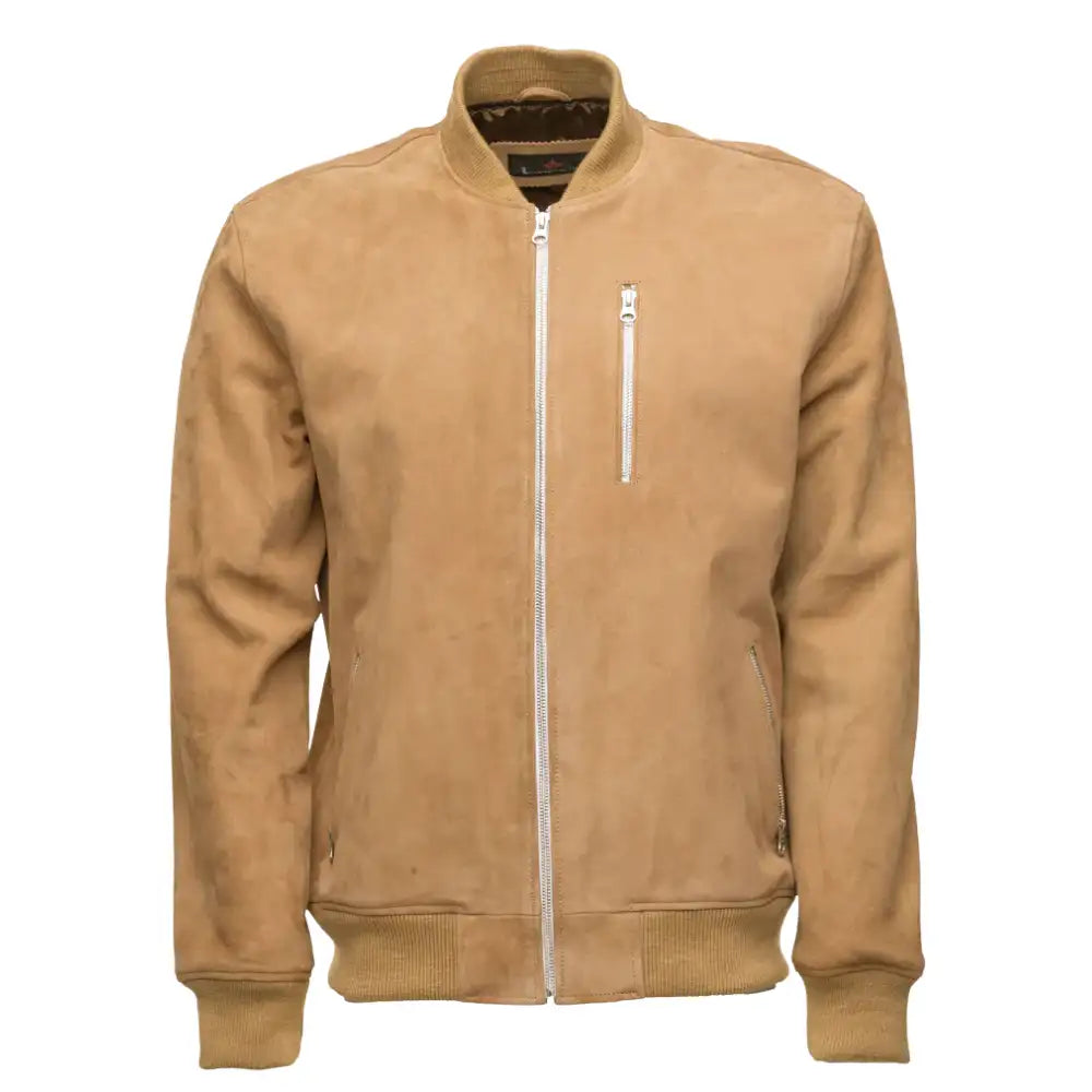 Sandy Beige Suede Bomber Leather Jacket with Ribbed Cuffs front view beige suede bomber jacket with ribbed cuffs