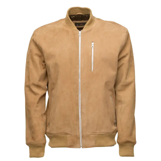 Sandy Beige Suede Bomber Leather Jacket with Ribbed Cuffs front view beige suede bomber jacket with ribbed cuffs