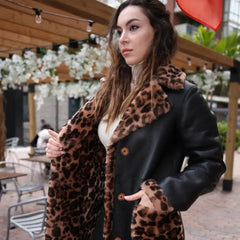 Side profile model wearing Seraphina Leopard Print Oversized Double Breasted Shearling Leather Coat oversized fit
