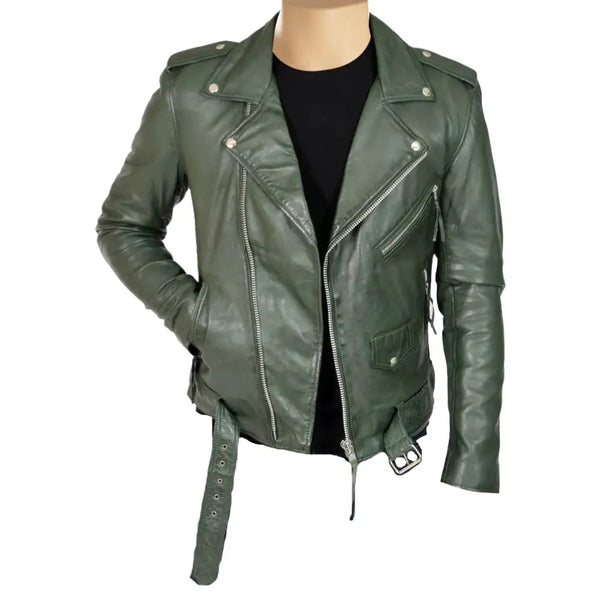 Sergeant Olive Green Belted Leather Biker Jacket
