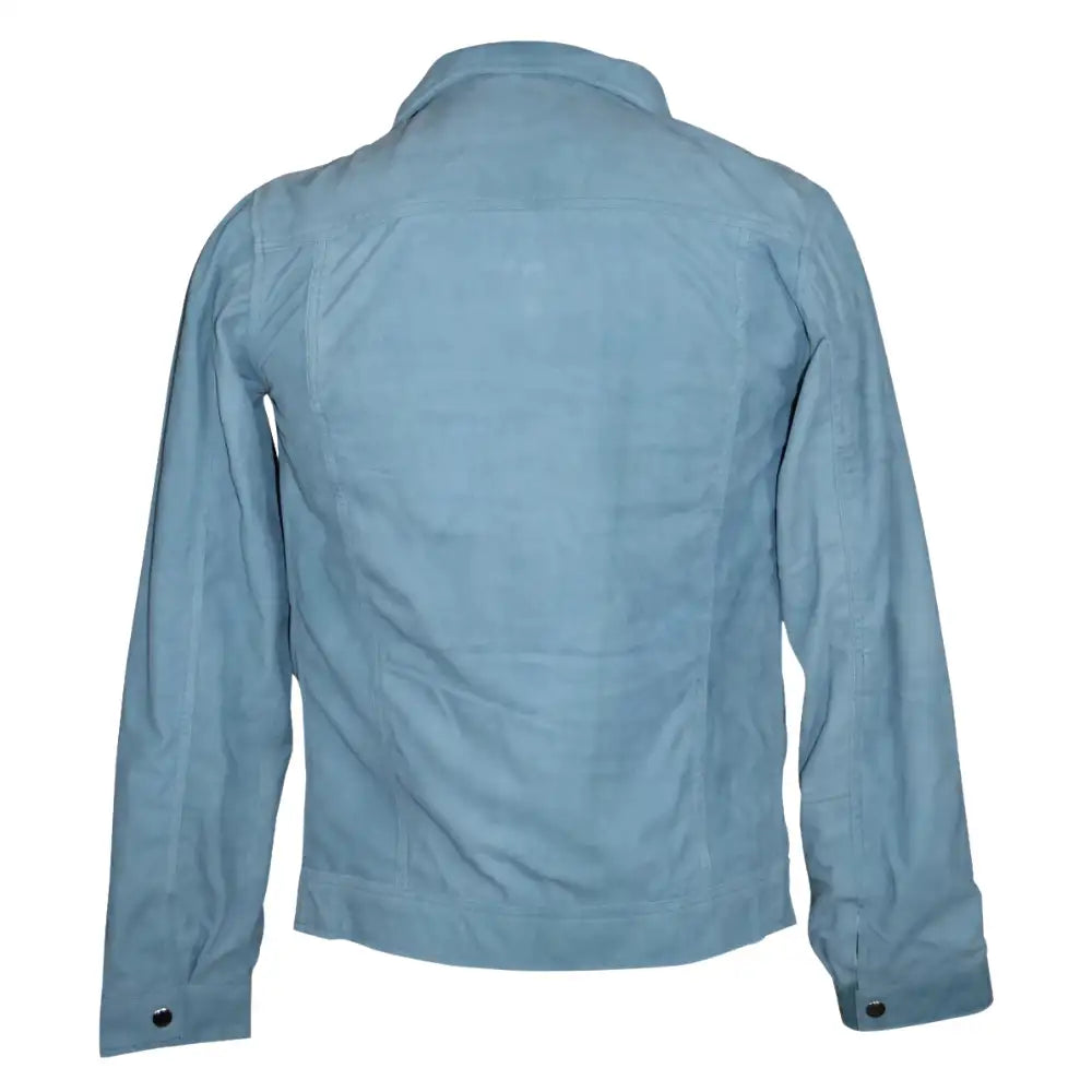 Rear view of sky Blue suede leather shirt on a mannequin with a white background
