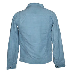 Rear view of sky Blue suede leather shirt on a mannequin with a white background