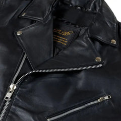 Close-up shot of the fine-grain leather and precision stitching that defines the Slim Fit Belted Leather Biker Jacket and its high-quality hardware.