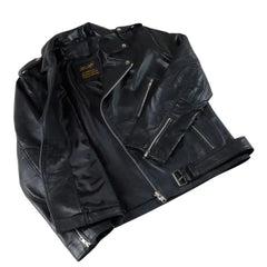 Detailed shot of the fine-grain leather and precision stitching that defines the Slim Fit Belted Leather Biker Jacket and its high-quality hardware.