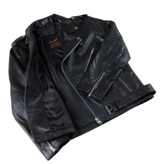 Detailed shot of the fine-grain leather and precision stitching that defines the Slim Fit Belted Leather Biker Jacket and its high-quality hardware.