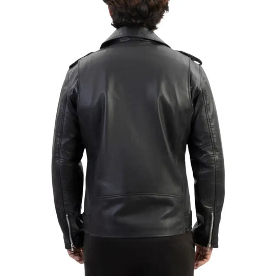 A back view of the model wearing the Slim Fit Belted Leather Biker Jacket, illustrating how the tapered design hugs the body for a modern, fashion-forward biker style.
