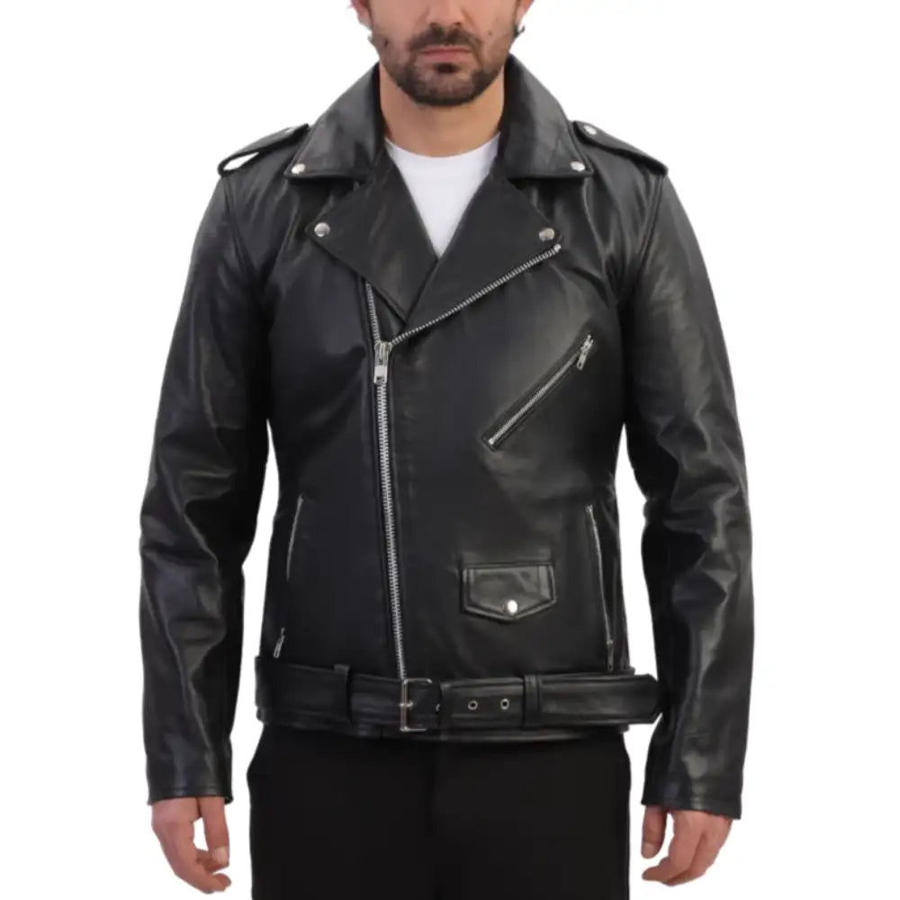 A model wearing the Slim Fit Belted Leather Biker Jacket, illustrating how the tapered design hugs the body for a modern, fashion-forward biker style.