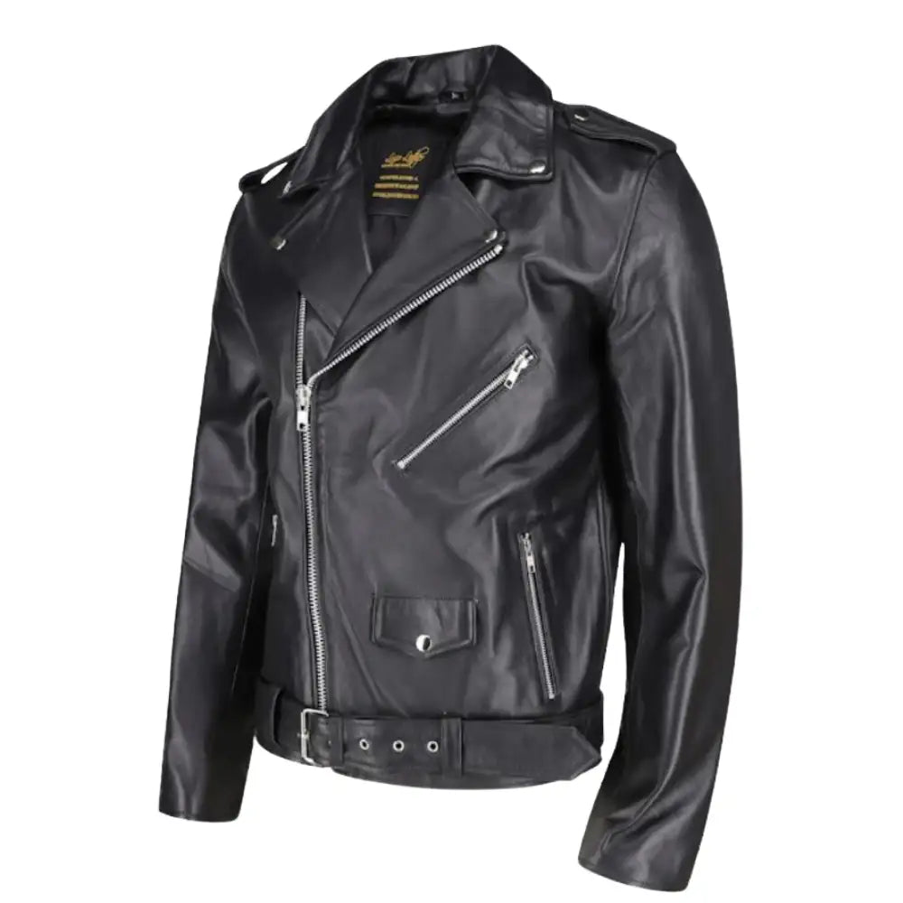 Side profile of the Slim Fit Belted Leather Biker Jacket demonstrating the slim-cut sleeves and the low-profile silhouette of the premium leather.