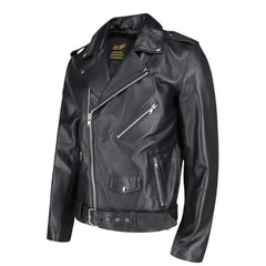 Side profile of the Slim Fit Belted Leather Biker Jacket demonstrating the slim-cut sleeves and the low-profile silhouette of the premium leather.
