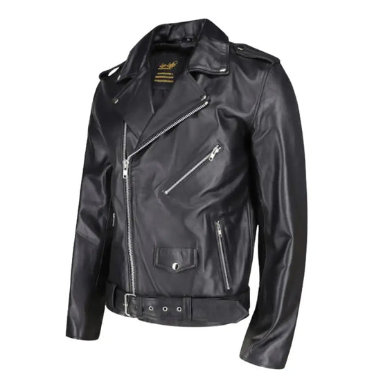 Side profile of the Slim Fit Belted Leather Biker Jacket demonstrating the slim-cut sleeves and the low-profile silhouette of the premium leather.