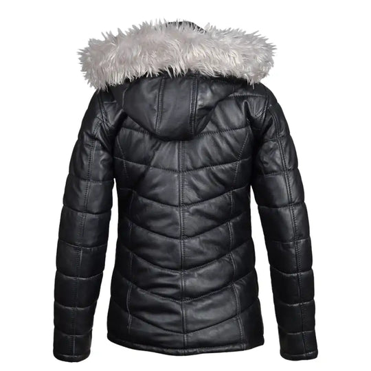 Back view of the Snow’s leather puffer showing the thick, padded baffles and a structured hood design for maximum winter coverage.