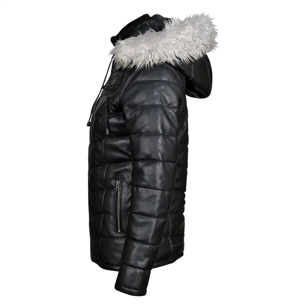 Side view of the integrated leather hood on the Snow’s jacket, highlighting the weather-resistant seams and smooth leather finish.