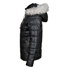 Side view of the integrated leather hood on the Snow’s jacket, highlighting the weather-resistant seams and smooth leather finish.