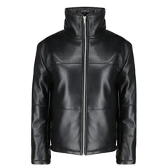 Standup view of the Sorine women’s black leather puffer jacket, featuring a slim-fit quilted design and a high stand-up collar.
