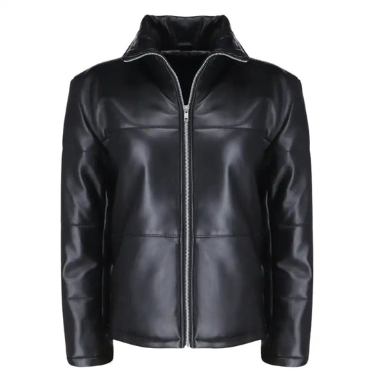 Front view of the Sorine women’s black leather puffer jacket, featuring a slim-fit quilted design and a high stand-up collar.