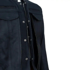 Close-up of the premium matte black leather grain, highlighting the non-reflective finish and heavy-duty reinforced stitching throughout.
