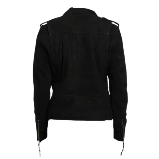Rear design of suede belted leather biker jacket