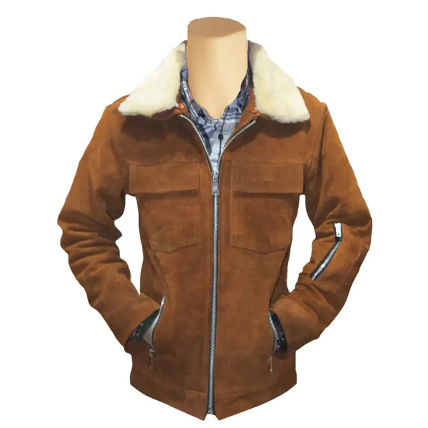 Tan Suede Bomber leather jacket with Fur collar